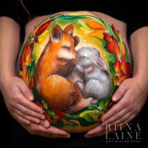 Fox and bunny belly painting by Riina Laine | www.riinalaineartist.com